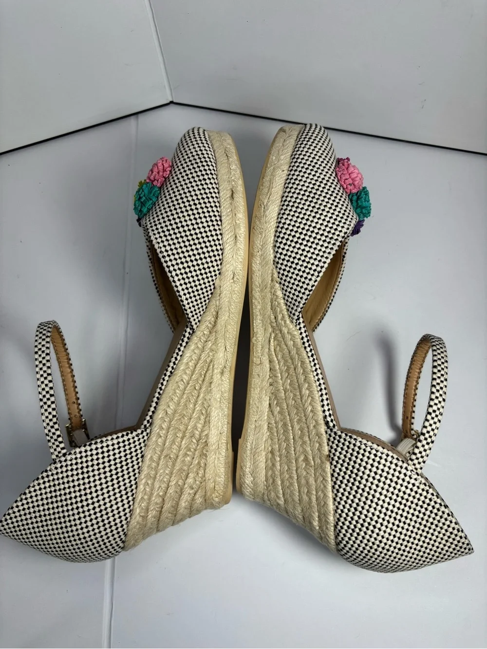 Talbots Black White Espadrille Wedge Shoes Colorful Pom Pom Ankle Strap 9